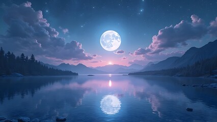 A fantastic landscape with the moon, night sky and lake