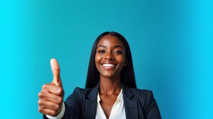 A smiling Black woman in a suit giving a thumbs up against a vibrant blue background, exuding confidence and positivity.