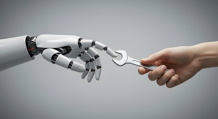 Robotic arm and human hand with wrench