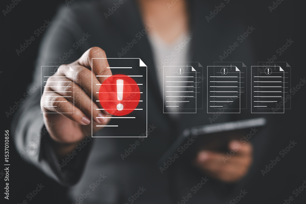 Aufkleber Businessmen review procedures through documents containing checkbox lists, rules and policies concepts, terms and conditions, rules of conduct, company regulatory documents,