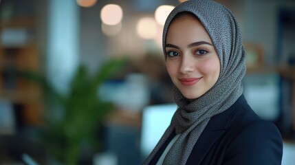 Confident young adult female in hijab smiling in office setting