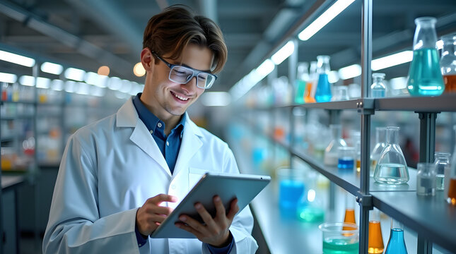 Smiling young male scientist in a lab coat using a tablet amidst colorful glassware. - Powered by Adobe