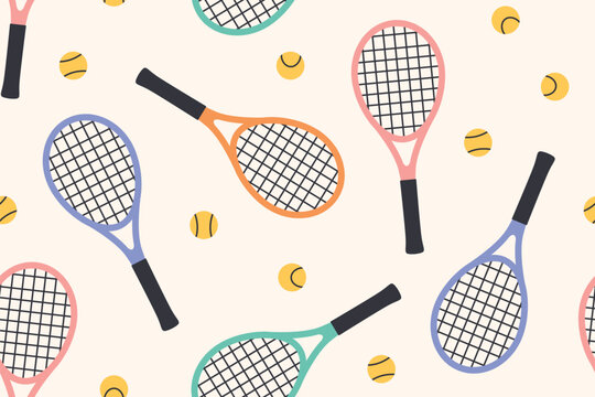 colorful seamless tennis rackets and balls pattern; perfect for sports-themed textiles, kids' apparel, wallpapers, wrapping paper, or active lifestyle branding- vector illustration