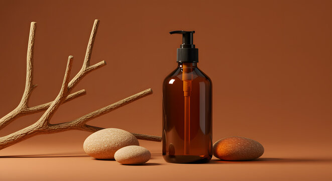Wide amber bottle with a pump on a matte terracotta background