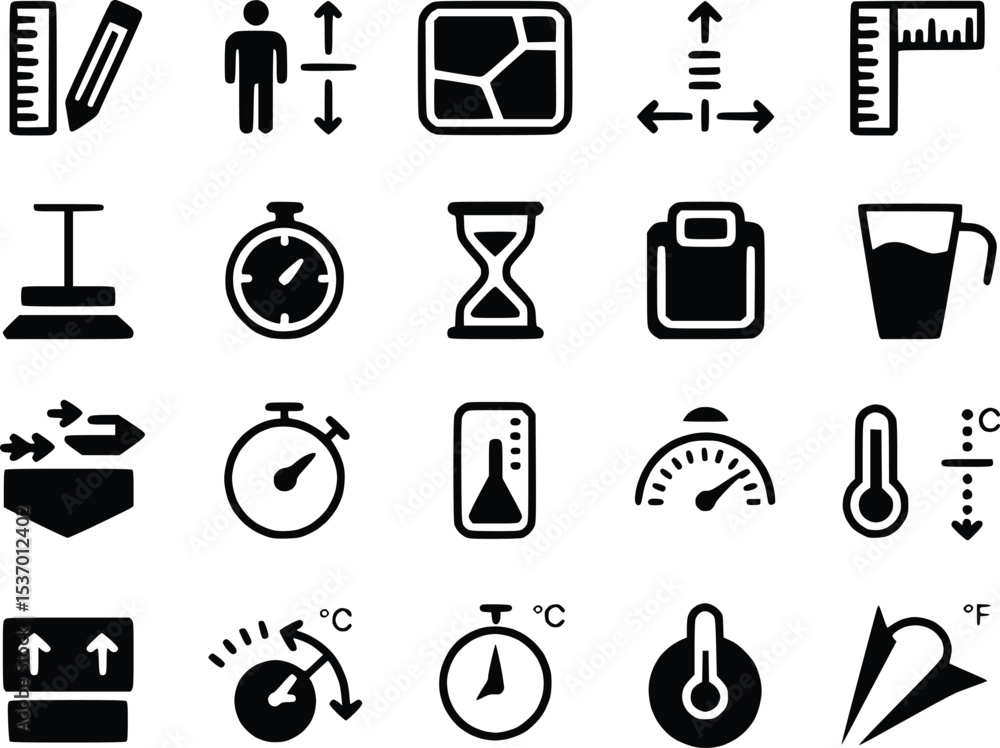 Poster measuring tool icons weight scale symbols instruments ruler thermometer stopwatch vectors