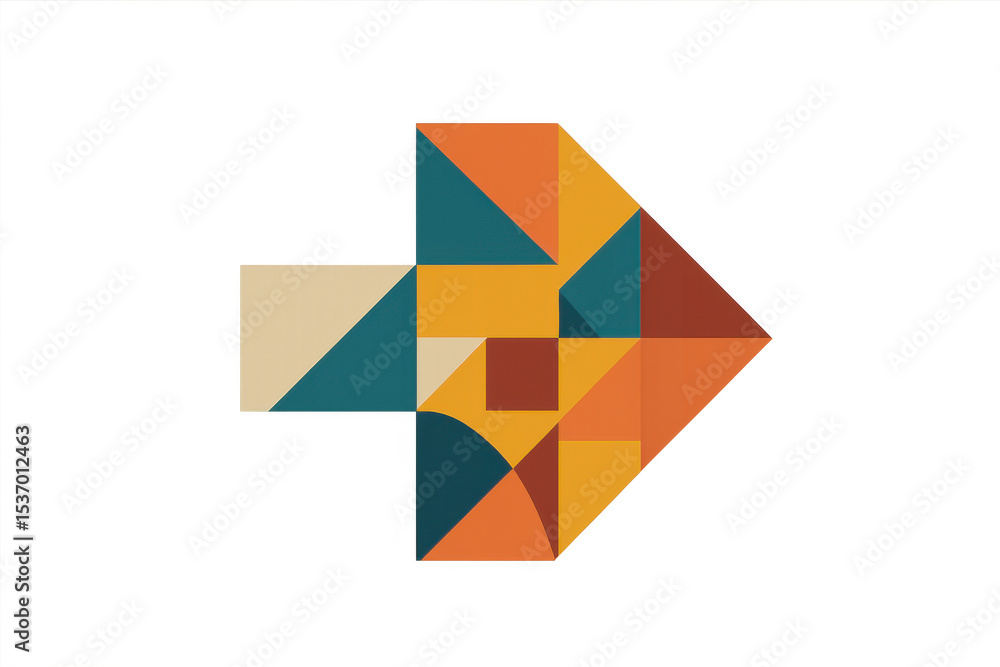 Poster geometric arrow formed by colorful triangles, squares and circles, pointing to the right on a transp