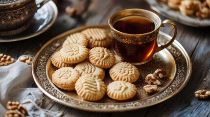 Golden Tray of Eid Cookies and Tea, Generative Ai