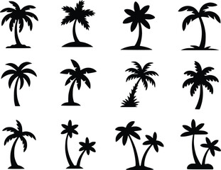 Palm Tree Black Icons Silhouette Vectors Different Style Tropical Island Graphics
