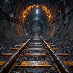Naklejka premium Dark underground tunnel with illuminated rails and wet reflective surface 