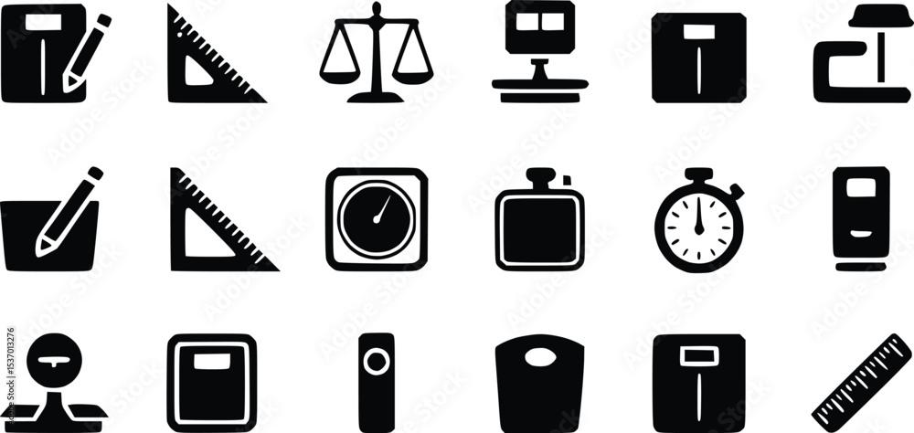 Poster measuring tool icons weight scale symbols instruments ruler thermometer stopwatch vectors