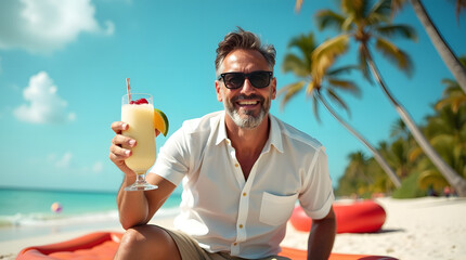Happy senior man enjoying a tropical drink on the beach, surrounded by palm trees and a stunning blue seaside view.