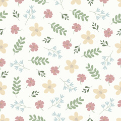 Pastel flowers seamless pattern. Floral vector surface design of Scandinavian flowers and leaves