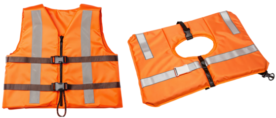 Two vibrant orange life vests for water safety isolated with transparent background