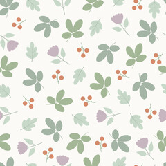 Pastel flowers seamless pattern. Floral vector surface design of Scandinavian flowers, leaves and berries