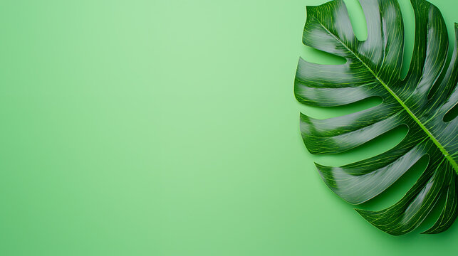 Green monstera leaf on pastel green background