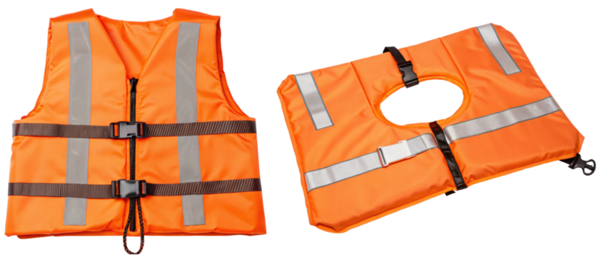 Two vibrant orange life vests for water safety isolated with transparent background