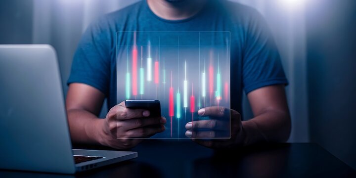 Stock market investor analyzing data on phone and laptop - Powered by Adobe