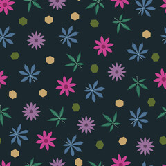 Scandi flowers, cassava and pachira leaves floral seamless surface pattern
