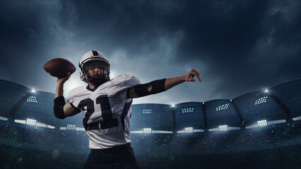 Handmade collage. Focused American football quarterback in white jersey prepares to throw football...