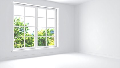 Empty white room with window and trees.