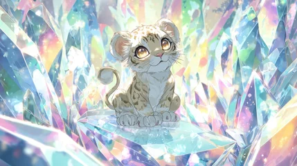 Cub in Gemstones: A heartwarming scene unfolds as a cute cub sits amid glittering gemstones, illuminated by a rainbow of colors that create an ethereal glow around this adorable animal.