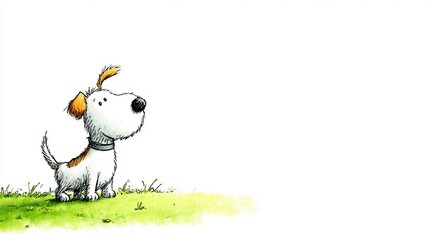 Cute Puppy: A charming cartoon puppy, with an endearing expression, sits in a green space. The image captures the essence of friendliness.