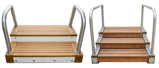 Wooden steps with sturdy metal handrails for access isolated with transparent background