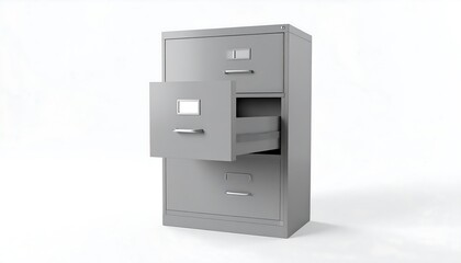 Filing cabinet with an open drawer.