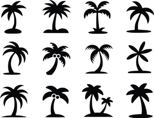 Fototapeta premium Palm Tree Black Icons Silhouette Vectors Different Style Tropical Island Graphics 