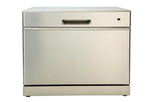 Modern stainless steel dishwasher with a sleek design isolated with transparent background