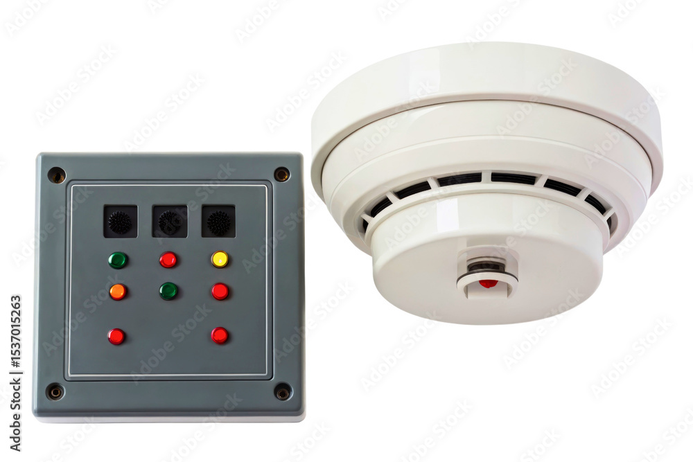 Poster white smoke detector and a control panel with lights isolated with transparent background