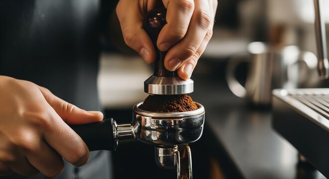 Barista's hands tamping fresh grounds in portafilter, focused on fine coffee particles