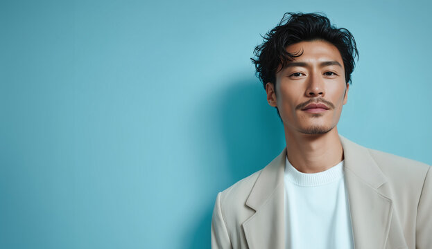 クールなアジア人男性、水色背景 / AI