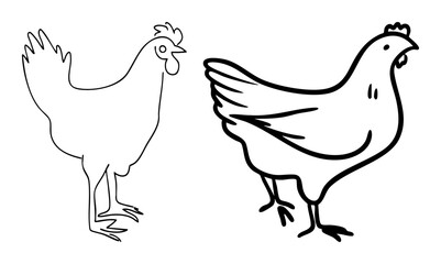 Fototapeta premium Vector Two black and white illustrations of chickens in profile.