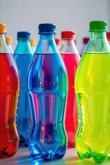 high quality, colorful plastic beverage bottles in a row under bright light, subject on the right with shimmering aqua tones.