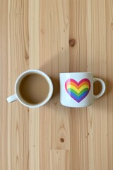 high quality, flat lay of two ceramic mugs with rainbow hearts on light wood table, under side lighting, top view with copy space below.