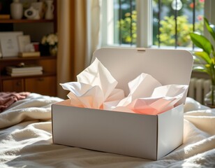 high quality, white box with soft tissues casting shadow patterns in cozy indoor setting, subject positioned on left with copy space on right, under sunlit sparkle.