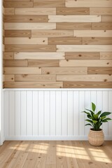 high quality, wooden tiles and stripes wall decor in pure white tones, subject at bottom, ample copy space at top, perfect for photos.