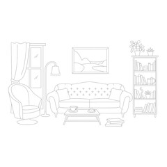 Living room interior with sofa armchair bookshelf and coffee table