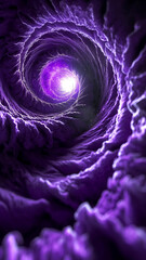 Purple tunnel curves inward toward bright light. Abstract shapes form a vortex pattern leading to a luminous center. Close view depth and form.
