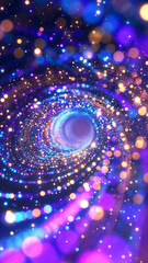 Bright colorful purple pink blue neon lights form a spiral shape in the dark, creating a glowing abstract pattern and a cosmic atmosphere.