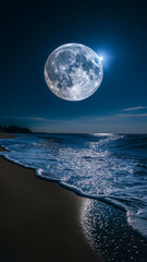 Full moon shines bright over the ocean at night, waves roll gently onto the sandy shore under a star filled dark sky.