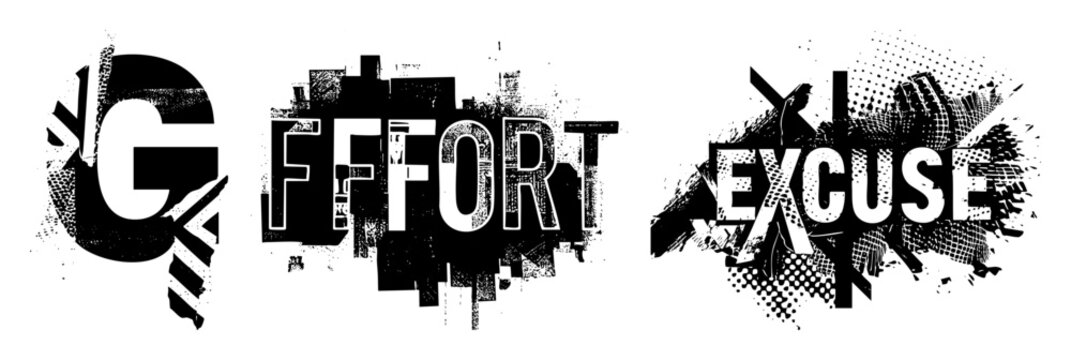 Vector Bold typographic featuring Go Effort Excuse with distressed textures.