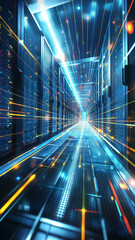 The bright blue server room has glowing lines of data moving through the space on the floor and sides with light above.