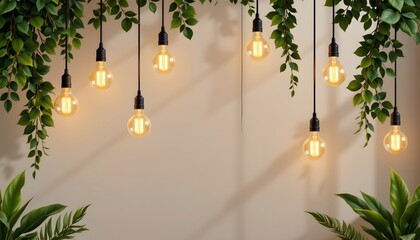 high quality, contemporary digital render of hanging bulbs and lush greenery with soft gradients, minimalist style
