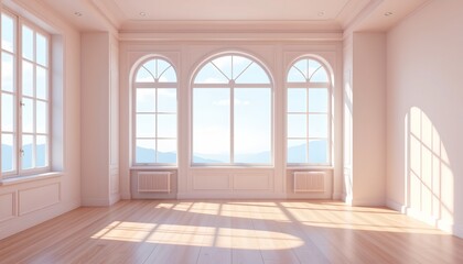 Fototapeta premium high quality, minimalist digital illustration of an empty bright room with large window panes, soft pastel tones, smooth gradients, clean lines