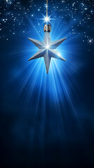 A shining star hangs in bright blue light with small stars around it and rays below it.