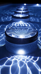 Water reflects bright light on smooth, round stones in a shallow pool; the ripple effect is visible.