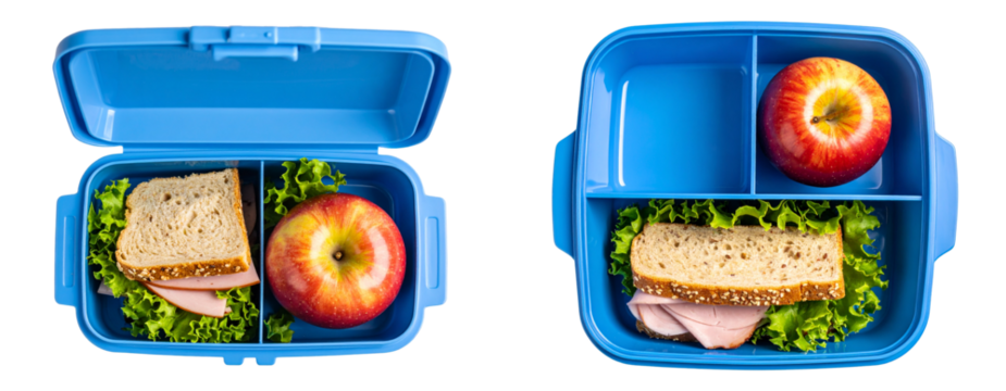Blue Lunchbox with Apple and Sandwich Inside, Top View, isolated on Transparent Background PNG