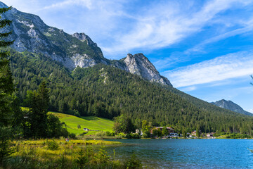 Beautiful view of Hintersee lake with cliff and Bavarian alps in Berchstegaden national park in summer, Ramsau bei Berchtesgaden, Bavaria, Germany